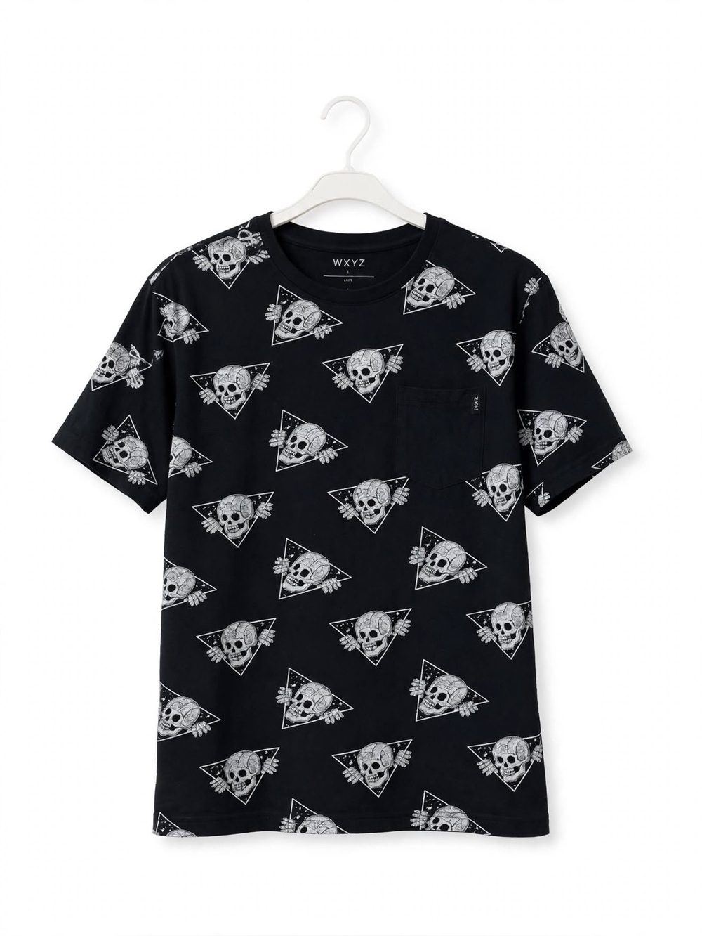 WXYZ Mens L Black Skull All Over Print Pocket Tee - Gothic Grunge Skater